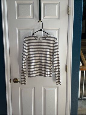 Striped White and Navy Ribbed Long-Sleeve Tee